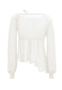 Witte langmouwige top in een textuurstof. Heeft een peplumrand, een ronde halslijn en ribgebreide manchetten met een lichte asymmetrische vorm.