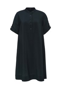 Schwarz, knielanges Kleid mit Kragen, kurzen umgeschlagenen Ärmeln und einer Vorderknopfleiste. Strukturierter Stoff mit dezenten vertikalen Linien.