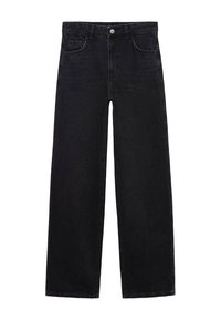 Jean noir taille haute à jambes droites, avec bouton sur le devant, fermeture éclair et design à cinq poches, posé à plat sur fond blanc.