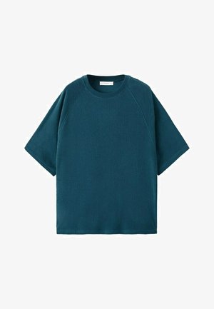 Kortærmet mørk teal fleece-trøje med rund hals, raglanærmer og lige kant.