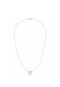 Hõbedast kett-kaelakee, millel on kahekordne südamekujuline ripats väikese keskse vääriskiviga, sileda tekstuuri ja minimalistliku disainiga.