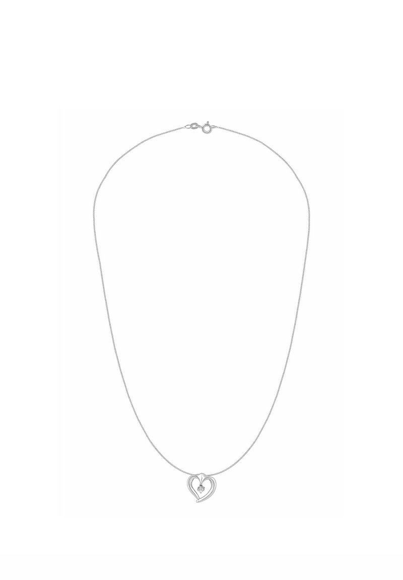 Hõbedast kett-kaelakee, millel on kahekordne südamekujuline ripats väikese keskse vääriskiviga, sileda tekstuuri ja minimalistliku disainiga.