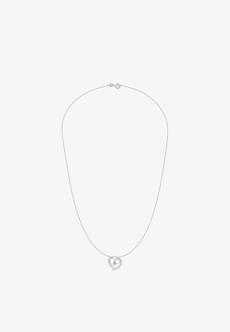 Hõbedast kett-kaelakee, millel on kahekordne südamekujuline ripats väikese keskse vääriskiviga, sileda tekstuuri ja minimalistliku disainiga.