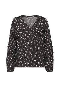 Blouse noire à manches longues avec un petit imprimé floral blanc, col en V avec liens et détails volantés aux manches.