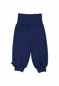 Navyblauwe katoenen broek met een brede ribgebreide tailleband, taps toelopende pijpen en elastische boorden. Kleine groene accent aan de zijkant. Zachte, gestructureerde stof.