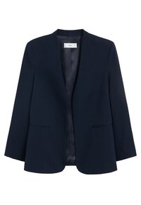Blazer bleu marine pour femme avec manches longues, devant ouvert, col à revers, deux poches avant et doublure intérieure lisse.