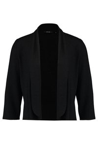 Svart öppen cardigan med 3/4-långa ärmar, tillverkad av ett mjukt, texturerat tyg. Har en draperad krage och en avslappnad silhuett.