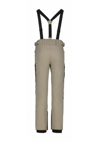 Bežové voděodolné kalhoty s černými akcenty, nastavitelné kšandy a dvěma zipovými bočními kapsami. Obsahují zesílené manžety pro větší odolnost.