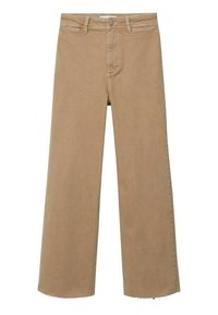 Pantalons larges taille haute beiges avec fermeture à bouton et à glissière, passants de ceinture, poches avant et ourlets bruts.