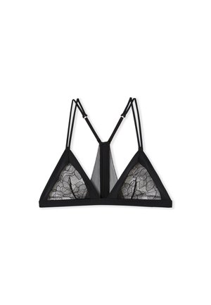 Czarny koronkowy bralet z trójkątnymi miseczkami, delikatnym kwiatowym wzorem, regulowanymi ramiączkami oraz siateczkowym panelem centralnym dla dodatkowego efektu wizualnego.