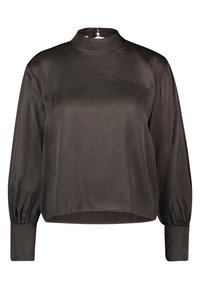 Langærmet top med høj hals i mørkegrå med en diskret hexagonal struktur. Har sammensnørede manchetter og en knaplukning bagpå.