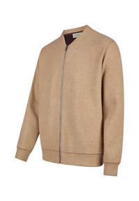 Beige zip-up sweatshirt with a rounded collar, long sleeves, ribbed cuffs, and a smooth texture. Features a central zipper and minimal design.