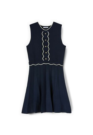 Abito senza maniche blu navy con gonna plissettata, bottoni dorati sul davanti e bordo bianco smerlato su scollo, linea di bottoni e vita.