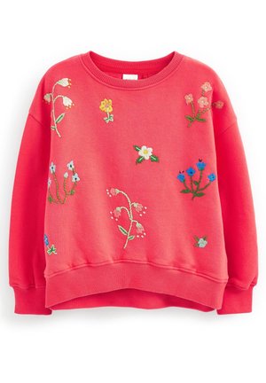 Rød sweatshirt med broderede blomster i forskellige farver. Rund halsudskæring, ribstrikkede manchetter og kant. Blødt stof med en afslappet pasform.