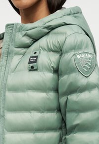 Άτομο που φοράει ανοιχτό πράσινο μπουφάν με κουκούλα και διακριτικό με το λογότυπο Blauer USA στο στήθος και ένα έμβλημα με ασπίδα στο μανίκι.