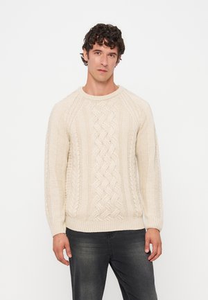 Homme aux cheveux courts, bouclés et foncés, portant un pull en maille torsadée couleur crème et un jean foncé, debout devant un fond blanc.