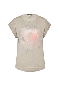 Ljusbeige t-shirt med korta ärmar, rund halsringning och ett grafiskt tryck med cirkulära mönster i silver- och persikofärger.