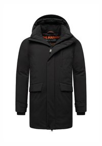 Musta parka-takki hupulla, jossa on vetoketju, kaksi etutaskua ja ribbitaskut; valmistettu sileästä, kestävästä kankaasta.