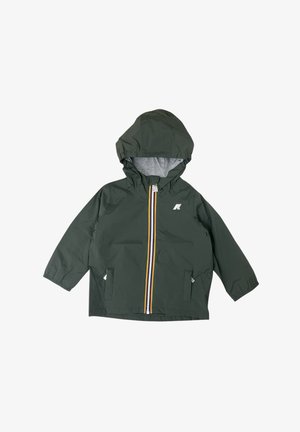 Giacca impermeabile verde con interno grigio, cappuccio, zip frontale con una striscia multicolore e tasche laterali. Presenta il logo sul petto.