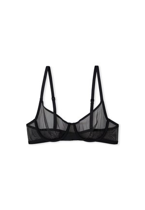 Soutien-gorge en mesh noir avec une forme triangulaire, des bretelles ajustables et une bande sous-tendue qui offre un bon maintien. Le design comprend des panneaux doux et transparents avec des coutures contrastées.