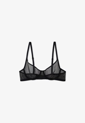 Black mesh bra featuring a triangle shape, adjustable straps, and a supportive underband. The design includes soft, sheer panels with contrasting seams.
