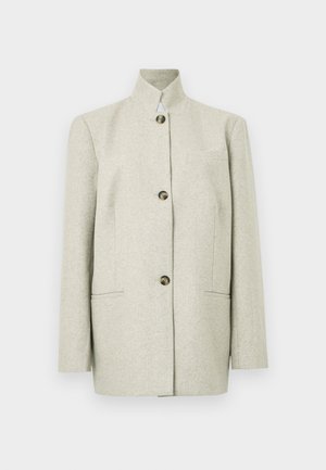 Light beige wool blazer with high collar, three dark buttons down front, two side pockets, and one chest pocket, displayed on plain background.
