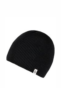 Black knitted beanie with a ribbed texture and a small logo tag on the side. The design is fitted and versatile for various styles.