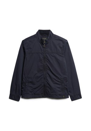 Dunkelblaue leichte Jacke mit Reißverschluss, Stehkragen, seitlichen Taschen, elastischen Bündchen und einer glatten Textur.