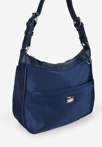 Borsa a tracolla blu navy in nylon con rifiniture in pelle, dotata di chiusura con zip, tasca frontale e dettagli in metallo argentato.