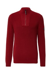 Roter Strickpullover mit langen Ärmeln, geripptem Kragen und einem kurzen schwarzen Reißverschluss am vorderen Halsausschnitt.