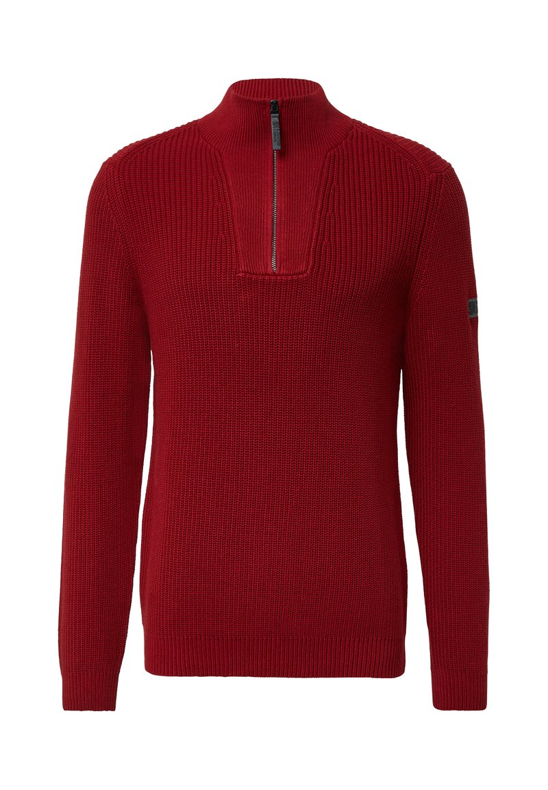 Roter Strickpullover mit langen Ärmeln, geripptem Kragen und einem kurzen schwarzen Reißverschluss am vorderen Halsausschnitt.
