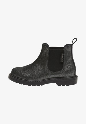 Black chelsea boot with shiny textured upper, elastic side panel, pull tab, and sturdy black rubber sole. Features reinforced stitching detail.