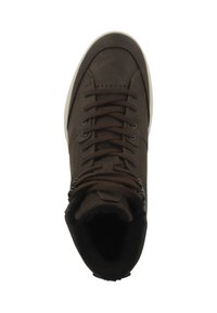 Bruine leren sneakers met een gestructureerde afwerking, ronde neus en contrasterende witte rubberen zool. Voorzien van bruine veters en een gevoerde kraag.