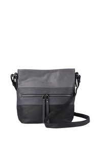 Sac en cuir noir porté travers, avec un dessus lisse, un fond texturé, une poche avant zippée et une bandoulière ajustable. Présente un détail du logo et des doubles zips.
