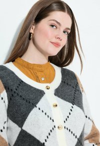 Mladá žena s dlouhými hnědými vlasy, která má na sobě zlaté kruhové náušnice, hořčicový svetřík s vysokým límcem a šedý, bílý a hnědý argyle cardigan s knoflíky.
