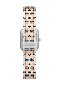 Nerezová ocelová hodinky s obdélníkovým pouzdrem a dvoubarevným náramkem se stříbrnými a růžově zlatými články. Na sponě je značka "Armani Exchange".