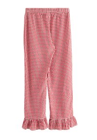 Røde og hvide gingham-ternet pyjamabukser med elastisk talje og flæsekant ved buksebenets afslutning. Letvægts, åndbart stof.