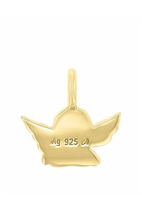 Guld-färgad hänge med en stiliserad vingedesign. Har en "Ag 925" gravyr, slät yta och en ögla för fäste.