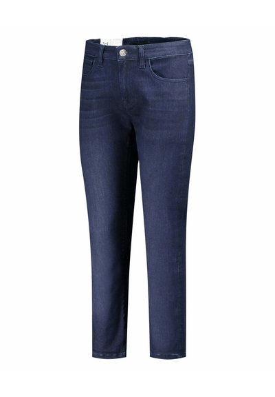 Jeans in denim blu scuro, design a vita media, con zip, chiusura a bottone, cinque tasche e taglio dritto.