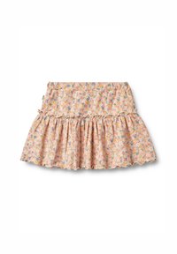 Jupe fleurie en tissu rose avec un ourlet volants, une taille élastique et un motif de petites fleurs colorées.