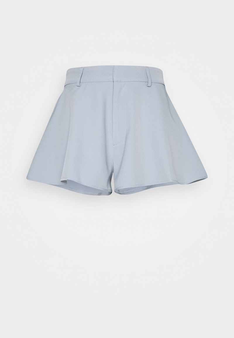 Light blue shorts with a flared design, made of a soft fabric. Features a waistband and front pockets for functionality.