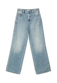 Lichtblauwe wijde jeans van denim, met een hoge taille, vijf zakken en subtiele vervaging langs de benen.
