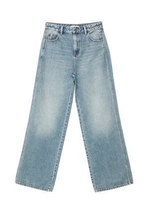 Jeans large bleu clair en denim, avec taille haute, design à cinq poches et décoloration subtile le long des jambes.