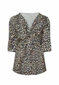 Blusa a stampa leopardata con scollatura a V profonda, dettaglio frontale torcigliato e maniche a tre quarti. Realizzata in tessuto leggero e morbido.