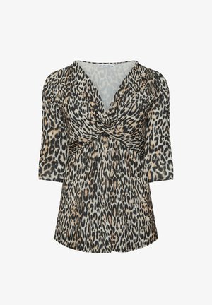 Bluzka w panterkę z głębokim dekoltem w kształcie litery V, skręconym detalem z przodu oraz rękawami o długości trzy czwarte. Wykonana z lekkiego, miękkiego materiału.