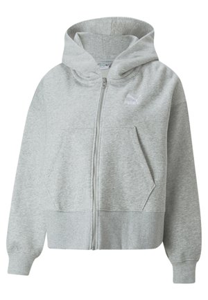 Lysegrå lynlås-hoodie med forlommekangaroo, ribstrikkede manchetter og kant, samt et lille hvidt Puma-logo på brystet.
