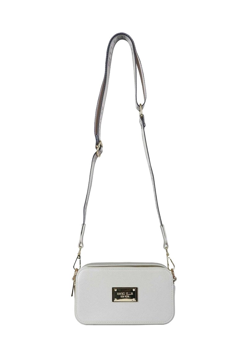 Borsa a tracolla rettangolare bianca con finitura testurizzata, chiusura metallica e tracolla regolabile color argento. Plaque del logo dorato sul davanti.