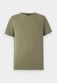 Olivovo zelené bavlnené tričko s okrúhlym výstrihom, krátkymi rukávmi a jemne vyšitým logom "BOSS" na hrudi. Hladká textúra.