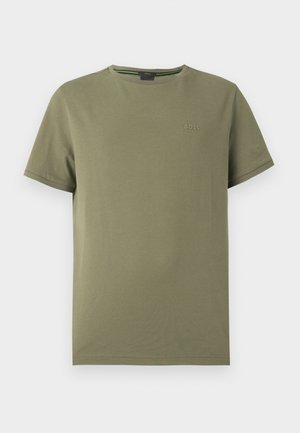 Koszulka z bawełny w oliwkowym zielonym kolorze, z okrągłym dekoltem, krótkimi rękawami i subtelnym haftowanym logo "BOSS" na piersi. Gładka faktura.