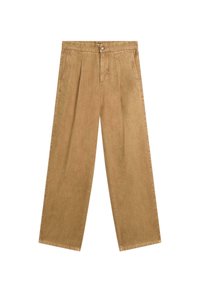 Brown wide-leg pants made of soft fabric with front pleats, a front button closure, and side pockets. Smooth texture with no visible patterns.